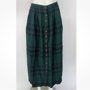 Vintage British Khaki Sz 10 Plaid Button Front Maxi Skirt Green 100% Cotton